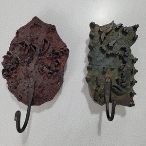 Vintage 2 Wooden Printing Block Hand Crafted Iron Coat Hook Hanger Two's Co. Ind